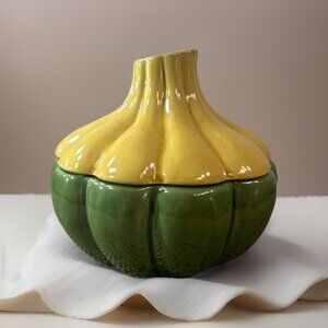 Whole Home ceramic Fall Pumpkin Gourd Covered Candy Dish Green yellow 7” X 6”